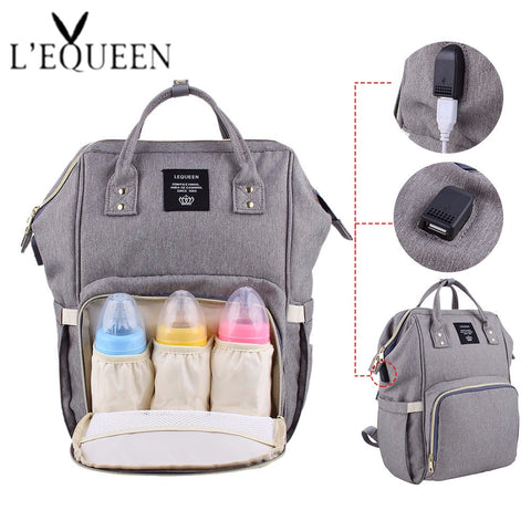 Lequeen USB Diaper Bags Large Nappy Bag Upgrade Fashion Travel Backpack Waterproof Maternity Bag Mummy Bags with 2 pcs Hook